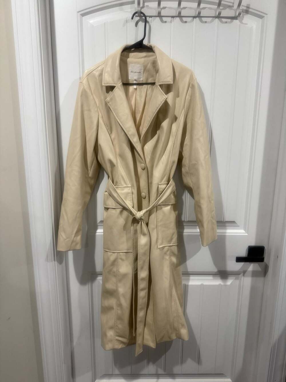 Avec Les Filles XL Cream Faux Leather Trench Coat Belted Jacket Quiet Luxury - Picture 2 of 7